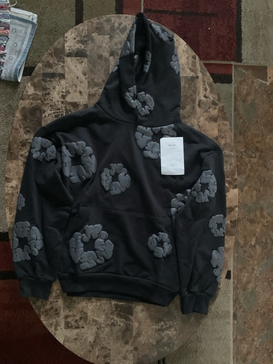 Denim Tears Other - Black Hooded Cardigan Sweatshirt with Gray Floral Appliqué